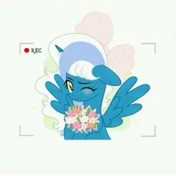 Size: 6890x6890 | Tagged: safe, artist:riofluttershy, derpibooru import, oc, oc:fleurbelle, unofficial characters only, alicorn, pony, alicorn oc, blushing, bow, female, hair bow, holding flowers, horn, image, jpeg, mare, one eye closed, shy, simple background, solo, white background, wings, wink, yellow eyes