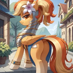 Size: 1536x1536 | Tagged: safe, ai content, derpibooru import, generator:bluefox mix, machine learning generated, stable diffusion, oc, oc:serenity, unofficial characters only, pegasus, pony, alternate hairstyle, armor, armored pony, bedroom eyes, belt, belt buckle, blaze (coat marking), bracelet, building, butt, clothes, coat markings, dock, facial markings, female, flower, flower in hair, gem, image, jewelry, lily (flower), looking at you, looking back, looking back at you, mare, mountain, multicolored hair, orange coat, orange eyes, orange mane, outdoors, pegasus oc, plot, png, ponytail, potted plant, prompter:tyto4tme4l, rear view, road, roof, skirt, sky, smiling, smiling at you, smug, solo, tail, tree, two toned mane, window, wings, yellow mane