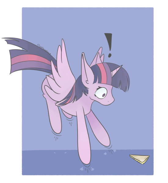 Size: 2684x2928 | Tagged: safe, artist:tkshoelace, derpibooru import, twilight sparkle, twilight sparkle (alicorn), alicorn, pony, blue background, exclamation point, food, g4, image, jumping, png, quesadilla, scared, simple background, solo, spread wings, wings