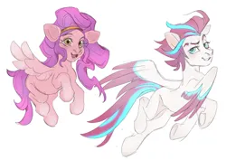 Size: 2048x1452 | Tagged: safe, artist:kapusha-blr, derpibooru import, pipp petals, zipp storm, pegasus, pony, g5, female, flying, image, jpeg, mare, siblings, sisters, smiling, spread wings, wings