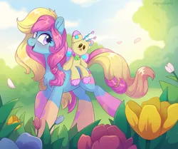 Size: 2238x1869 | Tagged: safe, artist:skysorbett, derpibooru import, oc, oc:cozy sweet, unofficial characters only, earth pony, pony, bush, coat markings, female, flower, grass, image, mare, nature, outdoors, png, sky, smiling, solo, toy, tulip