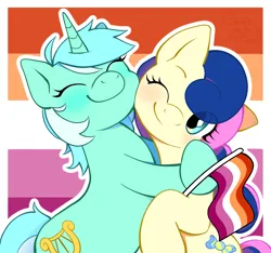 Size: 3235x3027 | Tagged: safe, artist:chalk_note, artist:loaff0x, derpibooru import, bon bon, lyra heartstrings, sweetie drops, earth pony, pony, unicorn, blushing, cute, duo, duo female, eyes closed, female, horn, hug, image, lesbian, lesbian pride flag, lyrabon, one eye closed, png, pride, pride flag, pride month, shipping