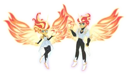 Size: 4000x2329 | Tagged: safe, artist:orin331, derpibooru import, sunset shimmer, human, equestria girls, daydream shimmer, duo, equestria guys, female, fiery wings, floating, g4, horn, image, looking at you, magic, male, png, raised hand, redesign, rule 63, self paradox, simple background, smiling, sunset glare, transparent background, wings