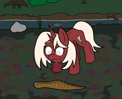 Size: 1212x984 | Tagged: safe, artist:scraggleman, derpibooru import, oc, oc:humor, leech, pony, unicorn, background, drool, eyebrows, horn, image, png, river, rock, skinny, thin, water