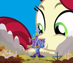 Size: 823x711 | Tagged: safe, derpibooru import, edit, vector edit, cherry jubilee, earth pony, autumn, female, gentle giant, giantess, image, jpeg, leaves, macro, mega giant, ms paint, ponyville, solo, twilight's castle, vector