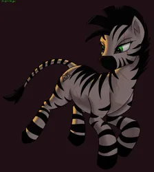 Size: 1429x1592 | Tagged: safe, artist:quicksilver1987, artist:suigin migasuto, derpibooru import, oc, oc:xenith, unofficial characters only, zebra, fallout equestria, black mane, eye, eye scar, eyes, facial scar, fanfic art, female, g4, image, injured, jpeg, purple background, running, scar, scratches, signature, simple background, solo, solo female, zebra oc