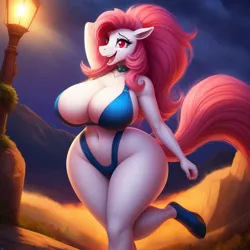 Size: 640x640 | Tagged: suggestive, ai content, anonymous prompter, derpibooru import, machine learning generated, prim hemline, anthro, earth pony, pony, unguligrade anthro, belly button, big breasts, blue bikini, breasts, busty prim hemline, collar, curvy, female, foe.ai, generator:frosting.ai, image, jpeg, looking away, mare, night, night sky, open mouth, open smile, outdoors, sky, smiling, solo, solo female, street lamp