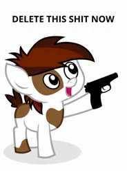 Size: 1314x1785 | Tagged: safe, derpibooru import, pipsqueak, earth pony, delet this, gun, handgun, image, jpeg, male, pistol, solo, threat, vulgar, weapon