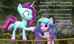 Size: 1826x1080 | Tagged: safe, artist:red4567, derpibooru import, izzy moonbow, pony, unicorn, g5, 3d, atg 2024, balancing, duo, horn, image, misty brightdawn, newbie artist training grounds, png, source filmmaker, tightrope, unshorn fetlocks