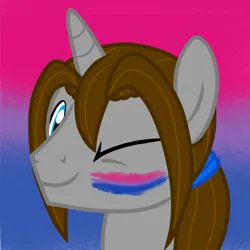 Size: 3072x3072 | Tagged: safe, artist:twiny dust, derpibooru import, oc, oc:dust, unofficial characters only, pony, unicorn, bisexual male, bisexual pride flag, bust, hairband, horn, image, looking at you, male, one eye closed, png, ponytail, pride, pride flag, smiling, stallion, unicorn oc, wink, winking at you
