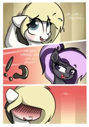 Size: 1400x2000 | Tagged: safe, artist:vipy, derpibooru import, part of a set, oc, oc:nightwalker, oc:whiteout, bat pony, pegasus, pony, comic:dare after dare, comic, grin, image, nervous, nervous grin, part of a series, png, question, question mark, smiling