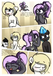 Size: 1400x2000 | Tagged: safe, artist:vipy, derpibooru import, part of a set, oc, oc:nightwalker, oc:nimbus, oc:vipy, oc:whiteout, bat pony, earth pony, pegasus, pony, comic, image, looking at each other, looking at someone, part of a series, png, smiling, smirk, whispering