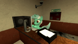Size: 600x338 | Tagged: safe, artist:ports2005, derpibooru import, lyra heartstrings, mouse, pony, unicorn, 3d, animated, background pony, computer, female, g4, gif, gmod, happy, horn, image, keyboard, mare, sitting