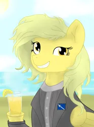 Size: 1521x2048 | Tagged: safe, artist:minecake, derpibooru import, oc, oc:yellow diamond, unofficial characters only, pegasus, pony, equestria at war mod, beach, blonde hair, bust, clothes, image, juice, las pegasus flag, lemonade, pegasus oc, png, portrait, smug, solo, suit, wings