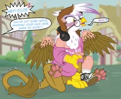 Size: 2981x2442 | Tagged: safe, artist:icaron, derpibooru import, gilda, gryphon, human, clothes, converse, feathered wings, glasses, headphones, human to griffon, image, implied rainbow dash, mid-transformation, offscreen character, paws, png, ponyville, reality shift, shirt, shoes, t-shirt, transformation, underpaw, wings