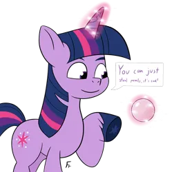 Size: 2603x2613 | Tagged: safe, artist:frownfactory, derpibooru import, twilight sparkle, twilight sparkle (alicorn), alicorn, pony, g5, my little pony: tell your tale, atg 2024, colored hooves, dialogue, female, g4, g4 to g5, generation leap, glow, glowing horn, horn, image, magic, mare, newbie artist training grounds, pearl, png, simple background, solo, speech bubble, telekinesis, transparent background, underhoof, unshorn fetlocks