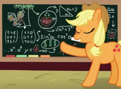 Size: 3400x2505 | Tagged: safe, artist:sweetielover, derpibooru import, applejack, earth pony, pony, apple, apple tree, applejack's hat, atg 2024, chalk, chalkboard, classroom, cowboy hat, eyes closed, fancy mathematics, female, food, formula, g4, hat, high res, image, math, mouth hold, newbie artist training grounds, physics, png, school of friendship, solo, tree