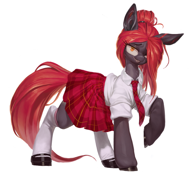 Size: 3096x2976 | Tagged: safe, artist:derekireba, derpibooru import, oc, oc:jessi-ka, unofficial characters only, earth pony, pony, clothes, dress, female, image, looking at you, mare, necktie, orange eyes, png, red hair, school uniform, shirt, shoes, skirt, smiling, smiling at you, socks, solo, uniform