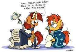 Size: 2382x1616 | Tagged: safe, artist:bobthedalek, derpibooru import, stellar flare, sunburst, pony, unicorn, atg 2024, coffee, coffee cup, cup, desk, duo, duo male and female, female, g4, horn, image, magic, male, mare, messy mane, mother and child, mother and son, newbie artist training grounds, plans, png, quill, stallion, telekinesis, that pony sure does love plans