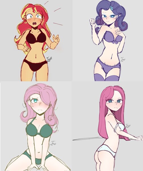 Size: 1714x2048 | Tagged: suggestive, artist:eltrash_art6, artist:trash-art06, derpibooru import, fluttershy, pinkie pie, rarity, sunset shimmer, human, equestria girls, alternate hairstyle, ass, bedroom eyes, belly button, black underwear, blushing, bra, breasts, butt, clothes, eyeshadow, female, females only, g4, gray background, green underwear, hair over one eye, humanized, image, jpeg, kneeling, makeup, nervous, panties, pinkamena diane pie, purple underwear, shy, simple background, socks, stockings, thigh highs, underwear, white underwear