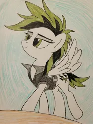 Size: 3024x4032 | Tagged: safe, artist:veprem, derpibooru import, oc, oc:jet fuel, unofficial characters only, pegasus, pony, clothes, female, image, jpeg, mare, pegasus oc, trace, traditional art, wings