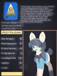Size: 4096x5461 | Tagged: safe, artist:sodapop sprays, derpibooru import, oc, oc:t'trot, oc:t'trot d'kyr, unofficial characters only, pony, attributes, blushing, clothes, combadge, description, headband, image, png, simple background, socks, solo, star trek, star trek (tos), stats, stockings, text, thigh highs, uniform, vulcan