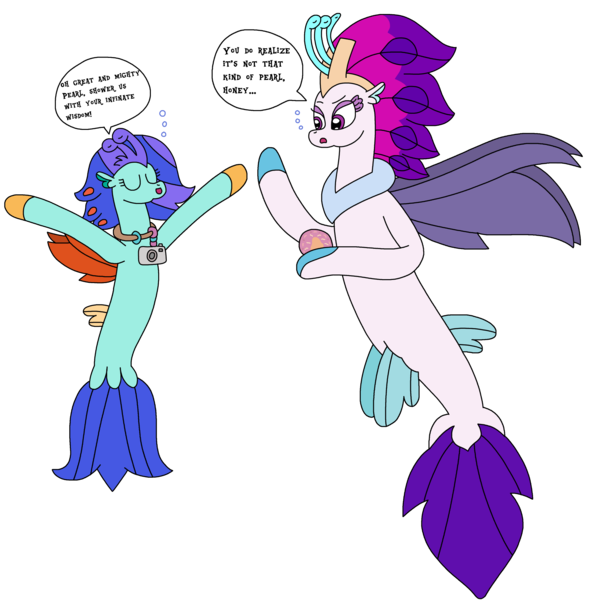 Size: 2405x2448 | Tagged: safe, artist:supahdonarudo, derpibooru import, queen novo, oc, oc:sea lilly, seapony (g4), my little pony: the movie, atg 2024, bubble, camera, dialogue, holding, image, jewelry, necklace, newbie artist training grounds, pearl, png, queen novo's orb, simple background, speech bubble, talking, text, transparent background