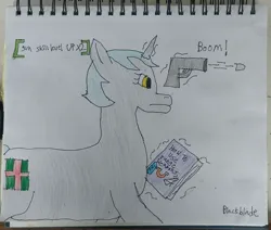 Size: 2968x2516 | Tagged: safe, artist:blackblade360, derpibooru import, oc, oc:heartbeat, unofficial characters only, pony, unicorn, fallout equestria, atg 2024, book, bullet, colored pencil drawing, cyan mane, cyan tail, fallout, fallout 4, female, glow, glowing horn, gray coat, guide, gun, horn, image, implied applejack, implied rainbow dash, implied rarity, irl, jpeg, level up, looking at something, magic, mare, mare oc, newbie artist training grounds, paper, photo, shooting, signature, telekinesis, traditional art, unicorn oc, weapon, yellow eyes