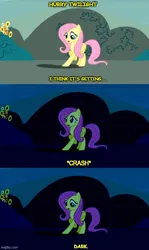 Size: 500x839 | Tagged: safe, artist:flutterbob, derpibooru import, fluttershy, pegasus, pony, day, derpibooru exclusive, dialogue, female, g4, hall monitor, image, implied twilight sparkle, jpeg, night, reference, spongebob reference, spongebob squarepants