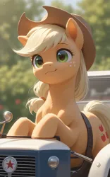 Size: 2000x3200 | Tagged: safe, ai content, derpibooru import, editor:derp621, generator:tponynai3, machine learning generated, prompter:derp621, applejack, earth pony, pony, applejack's hat, blurry background, cowboy hat, ear fluff, female, g4, hat, image, jpeg, mare, smiling, tractor
