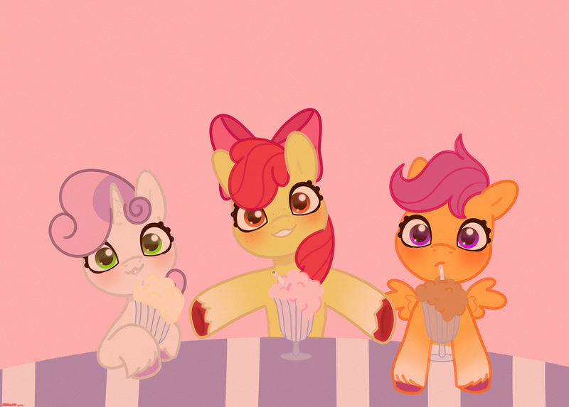 Size: 3000x2150 | Tagged: safe, artist:starburstuwu, derpibooru import, apple bloom, scootaloo, sweetie belle, earth pony, pegasus, pony, unicorn, adorabloom, cute, cutealoo, cutie mark crusaders, cutie mark cuties, diasweetes, drink, female, filly, foal, g4, gradient background, horn, image, jpeg, milkshake, milkshake ponies, trio, trio female, unshorn fetlocks