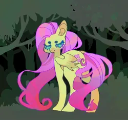 Size: 1134x1060 | Tagged: safe, artist:cutesykill, derpibooru import, fluttershy, pegasus, pony, beanbrows, big ears, colored, colored pinnae, eyebrows, female, forest, forest background, g4, green eyes, image, jpeg, long legs, long mane, long tail, looking away, mare, no mouth, outdoors, partially open wings, pink mane, pink tail, slit pupils, solo, standing, tail, tall ears, teal eyes, thick eyelashes, tree, wavy mane, wavy tail, wings, yellow coat