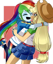 Size: 1638x2000 | Tagged: safe, artist:nekojackun, derpibooru import, applejack, rainbow dash, equestria girls, 2d, appledash, applejack's hat, belt, blushing, clothes, cowboy hat, denim, denim skirt, duo, duo female, eyes closed, eyeshadow, female, fingernails, freckles, g4, happy, hat, image, jacket, lesbian, makeup, open mouth, open smile, pants, png, pockets, ponytail, shipping, shirt, shoes, short sleeves, sideburns, skirt, smiling, sneakers, surprised, t-shirt, thunderbolt, wristband