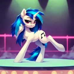 Size: 2880x2880 | Tagged: safe, ai content, derpibooru import, editor:derp621, machine learning generated, prompter:derp621, stable diffusion, neon lights, rising star, vinyl scratch, unicorn, g4, generator:pony diffusion v6 xl, hoof through hair, horn, image, jpeg, looking at you, nightclub, prompt in description