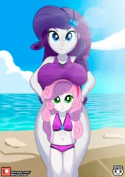 Size: 636x900 | Tagged: suggestive, artist:minusclass, derpibooru import, rarity, sweetie belle, human, equestria girls, 2d, beach, belly button, bikini, bikini bottom, bikini top, boobhat, breasts, busty rarity, clothes, cloud, concave belly, diamond, female, g4, hairband, hairclip, hand on hip, image, jpeg, looking at you, looking up, midriff, patreon, patreon logo, siblings, sisters, sky, swimsuit, wide hips