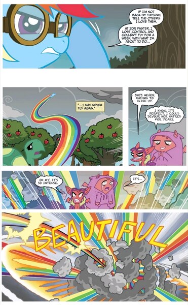 Size: 4744x7680 | Tagged: safe, artist:tonyfleecs, derpibooru import, edit, idw, big boy the cloud gremlin, rainbow dash, runt the cloud gremlin, tank, cloud gremlins, pegasus, pony, tortoise, spoiler:comic, apple, apple tree, cloud, flying, food, g4, image, jpeg, micro-series #2, my little pony micro-series, official comic, rainbow trail, sonic rainboom, tree