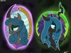 Size: 2994x2254 | Tagged: safe, artist:walt121, derpibooru import, queen chrysalis, changeling, changeling queen, bust, female, g4, glasses, horn, image, loving chrysalis, mirror, mirror universe, png, reversalis