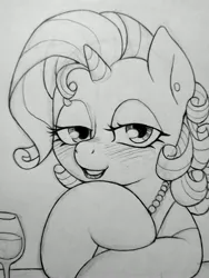 Size: 3072x4096 | Tagged: safe, artist:public mistake, derpibooru import, rarity, pony, unicorn, bedroom eyes, blush lines, blushing, bust, female, glass, grayscale, hoof on chin, horn, image, jewelry, jpeg, lipstick, looking at you, mare, monochrome, necklace, pearl necklace, pencil drawing, smiling, smiling at you, solo, traditional art, wine glass, wip