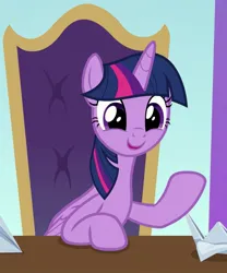 Size: 900x1080 | Tagged: safe, derpibooru import, screencap, twilight sparkle, twilight sparkle (alicorn), alicorn, pony, a horse shoe-in, season 9, spoiler:s09, book, chair, cute, female, g4, image, jpeg, mare, napkin, sitting, solo, twiabetes