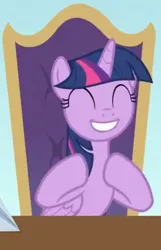 Size: 580x900 | Tagged: safe, derpibooru import, screencap, twilight sparkle, twilight sparkle (alicorn), alicorn, pony, a horse shoe-in, season 9, spoiler:s09, chair, cute, eyes closed, female, g4, happy, image, mare, napkin, office chair, png, smiling, solo, twiabetes