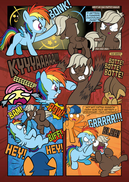 Size: 1920x2715 | Tagged: safe, artist:alexdti, derpibooru import, dumbbell, fluttershy, hoops, rainbow dash, pegasus, pony, comic:how we met (italian), belly, chokehold, colt, crying, female, filly, filly fluttershy, filly rainbow dash, foal, g4, image, italian, jpeg, male, onomatopoeia, younger