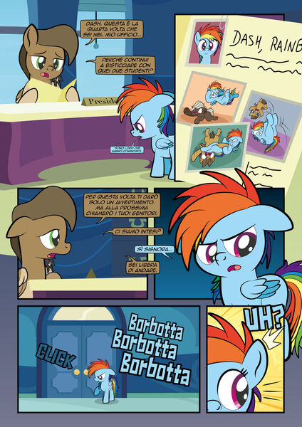 Size: 1920x2715 | Tagged: safe, artist:alexdti, derpibooru import, dumbbell, hoops, rainbow dash, oc, pegasus, pony, comic:how we met (italian), colt, comic, female, filly, filly rainbow dash, foal, g4, image, italian, jpeg, male, younger