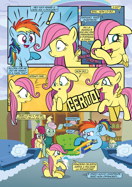 Size: 1920x2715 | Tagged: safe, artist:alexdti, derpibooru import, fluttershy, gentle breeze, posey shy, rainbow dash, zephyr breeze, pegasus, pony, comic:how we met (italian), 4 panel comic, colt, comic, dialogue, duo focus, female, filly, filly fluttershy, filly rainbow dash, foal, g4, group, heart, image, italian, jpeg, male, mare, play date, playing, quintet, stallion, younger