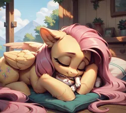 Size: 892x800 | Tagged: safe, ai content, anonymous prompter, derpibooru import, machine learning generated, stable diffusion, fluttershy, cat, pegasus, pony, cute, eyes closed, g4, generator:pony diffusion v6 xl, image, indoors, pillow, png, shyabetes, sleeping, window