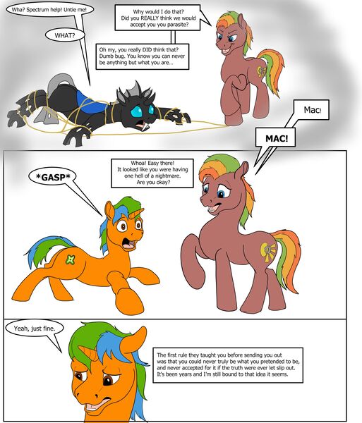 Size: 2131x2491 | Tagged: safe, artist:termyotter, derpibooru import, oc, oc:macrophage, oc:spectrum gear, changeling, pony, atg 2024, disguise, disguised changeling, image, jpeg, newbie artist training grounds, rope