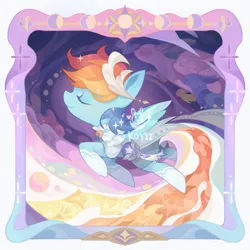 Size: 2224x2224 | Tagged: safe, artist:koyii-kong, derpibooru import, part of a set, rainbow dash, bird, fish, pegasus, pony, boots, clothes, dress, eyes closed, female, flower, flying, frame, g4, high res, image, jpeg, mare, picture frame, shoes, signature, smiling, solo, spread wings, watermark, wings