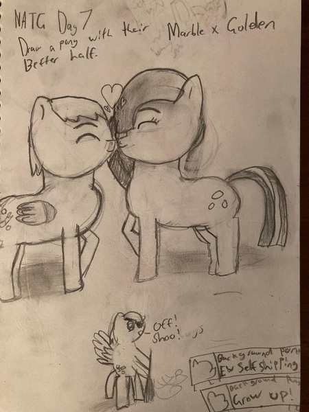 Size: 3024x4032 | Tagged: safe, artist:goldenmidnight, derpibooru import, marble pie, oc, oc:golden midnight, earth pony, pegasus, canon x oc, heart, image, jpeg, kissing, newbie artist training grounds