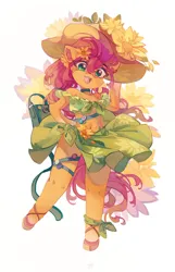 Size: 1286x2000 | Tagged: safe, artist:saxopi, derpibooru import, sunny starscout, anthro, earth pony, pony, unguligrade anthro, g5, arm hooves, belly button, choker, clothes, female, flower, hat, hoof on hip, image, jpeg, mare, midriff, open mouth, open smile, simple background, skirt, smiling, solo, sun hat, sunflower, white background