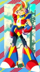 Size: 750x1339 | Tagged: safe, artist:rockmangurlx, derpibooru import, rainbow dash, human, robot, armor, female, gynoid, hand on hip, humanized, image, jpeg, looking at you, mega man (series), megaman x, one eye closed, reploid, wink, winking at you