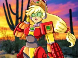 Size: 828x621 | Tagged: safe, artist:rockmangurlx, derpibooru import, applejack, human, robot, armor, desert, female, gynoid, hand on head, humanized, image, jpeg, mega man (series), megaman x, open mouth, reploid, talking, visor, wind blowing